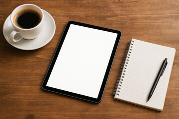 Digital device alongside a coffee mug and notebook on a rustic wooden surface