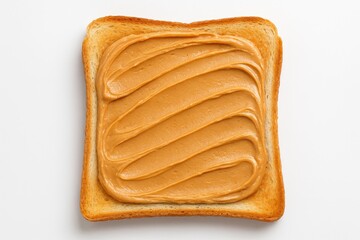 Naklejka na ściany i meble Apply creamy peanut butter evenly onto toasted bread slices on a white backdrop
