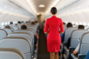 Inside an airplane cabin showing the back of a seat with a blurred crew member in red uniform serving passengers during holiday travel in economy class