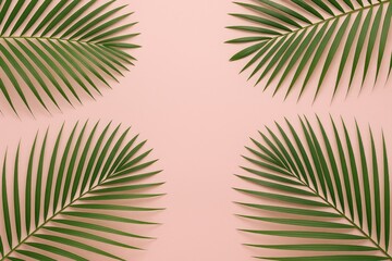 Bright summer scene featuring lush palm fronds against a soft pink backdrop. Ideal for seasonal themes. Overhead perspective with ample space for text, square format.
