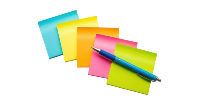 Colorful sticky notes with a blue pen isolated PNG with Transparent Background