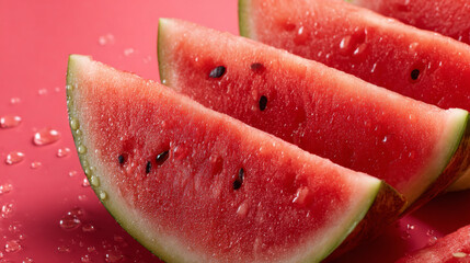 Watermelon slice fresh juicy red fruit with seeds and water droplets on pink background refreshing summer snack