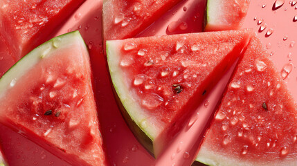 Watermelon slice with water droplets on red surface, fresh juicy fruit with green rind and black seeds