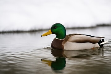 Obraz premium The dabbling duck species Anas platyrhynchos is seen swimming in a freshwater lake.