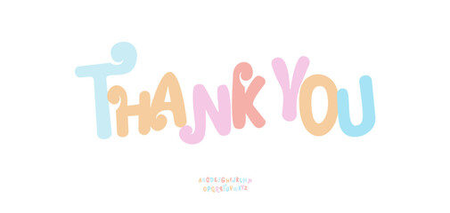 Thank You Playful pastel typography in soft rounded style. Decorative colorful lettering for cheerful messages, announcements, posters, cards, social media. Editable text layout. Vector illustration