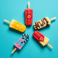 Close-Up of five different ice creams on turquoise background