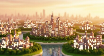 Obraz premium Miniature Cityscape Model with Tall Skyscrapers and Green Parks in Sunset Light