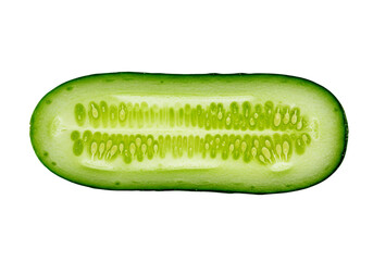 Fresh green cucumber cut lengthwise isolated on white background