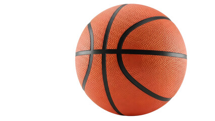 Fototapeta premium Close up view showcases an orange textured basketball with black lines on a clean white isolated background.