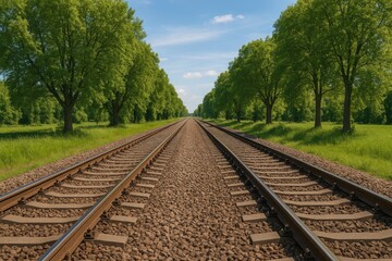 A scenic view of parallel railway tracks with iron sleepers, accompanied by a tall tree nearby