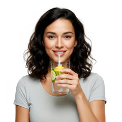 Woman drinking detox water infused with lemon and cucumber isolated on white