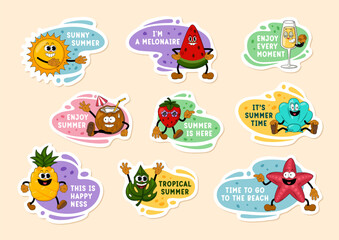 Fototapeta premium Summer Cartoon Sticker Set. Cute Comic Characters in Y2K Retro Style, Funny Doodle Patches and Labels. Trendy Vibrant Design for Summer Holidays, Travel and Beach Themed Projects