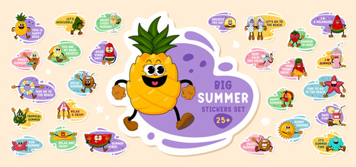 Summer Cartoon Sticker Mega Set. Cute Comic Characters in Y2K Retro Style, Funny Doodle Patches and Labels. Trendy Vibrant Design for Summer Holidays, Travel and Beach Themed Projects