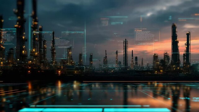 City skyline with a large body of water in the background. The water is reflecting the city lights. editorial macro of oil refinery, abstract finance interface layered on top,oil exploration stocks