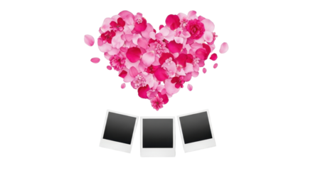 Heart made of rose petals with three blank instant photos isolated PNG with Transparent Background