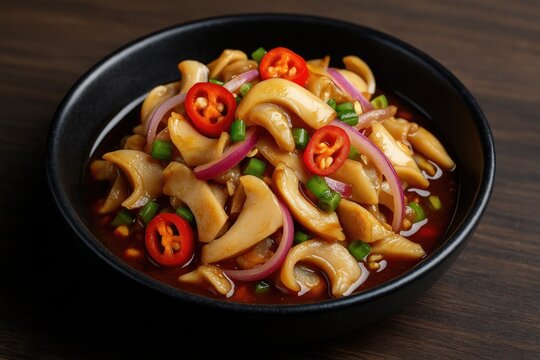 Spicy seafood shell topped with onion and chili padi in a flavorful sauce served on a dark plate