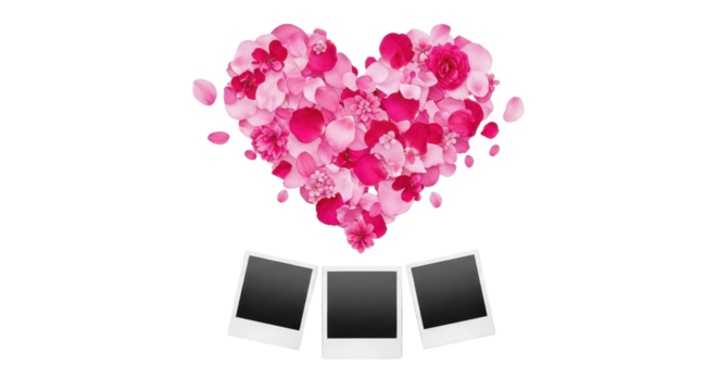 Heart made of rose petals with three blank instant photos isolated PNG with Transparent Background