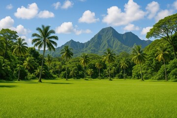 Observe a lush green landscape resembling a forest filled with unique trees, set against distant mountain ranges. Nature scene.