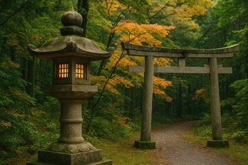 Ancient stone lantern located at a renowned cultural heritage site with a traditional torii gate