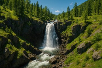 Bird's-eye perspective of a scenic waterfall surrounded by rocks, greenery, and flowing water on a bright summer afternoon