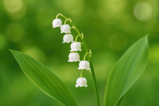 Close-up of a delicate spring lily of the valley flower against a soft green bokeh backdrop