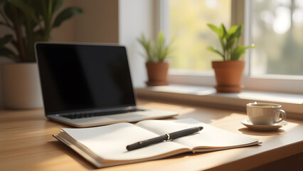 Fototapeta premium Workspace Desk with Laptop, Notebook, Coffee Cup, and Potted Plants by Window
