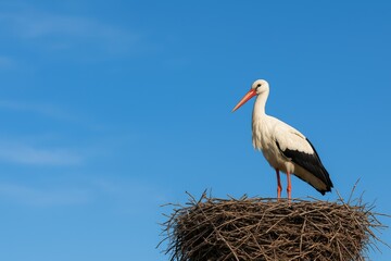 A stork resting on its nest beneath a vibrant summer sky filled with blue hues and ample space for text