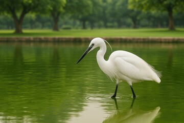 Obraz premium Small white heron hunting in urban park lake