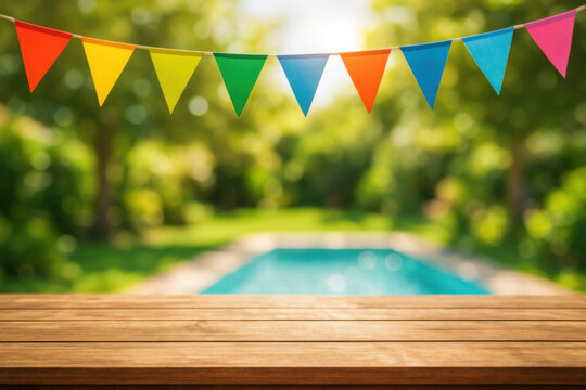 Wooden table with colorful bunting flags overlooking blurred swimming pool and garden