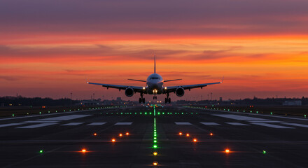 An Airplane on Final Approach to a Runway at Sunset.