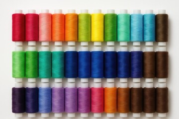 Colorful Spools of Thread Arranged on White Background with Empty Space