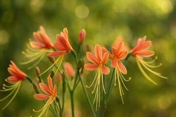 Close-up of vibrant pinkish-orange Eucrosia bicolor flowers with soft background blur in morning light