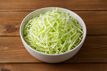 Naklejka premium Crushed cabbage mound in a bowl set on a wooden surface