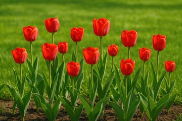 Obraz premium A vibrant garden scene featuring red tulips against a lush green grass backdrop