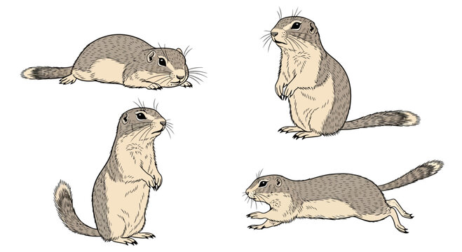 Long-tailed ground squirrel in various poses and movements  