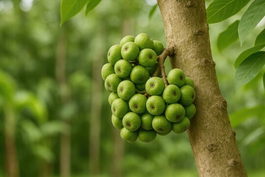 Fresh green cluster of Ficus racemosa fruits hanging in a tropical garden