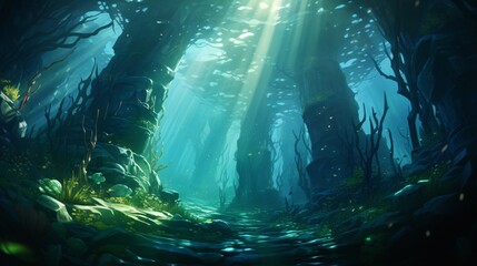 Kelp forest mesmerizingly sways in underwater currents