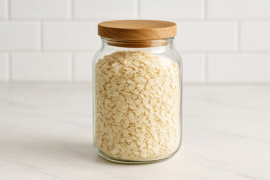Glass bottle containing rice flakes on a white kitchen surface with a wooden lid