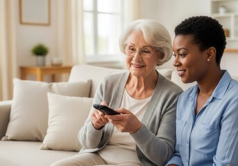 Senior Woman and Younger Caregiver Smiling Together on Sofa Using TV Remote
