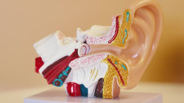 Anatomical model of human ear rotating on display