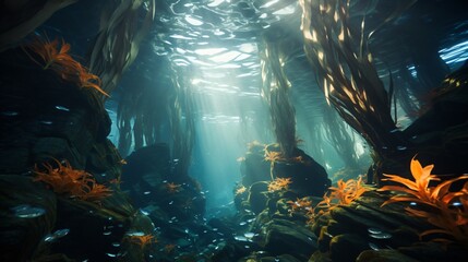 Kelp forest mesmerizingly sways in underwater currents