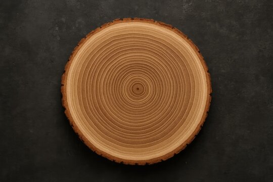 Cross-section of a wooden branch displaying growth rings against a dark concrete surface