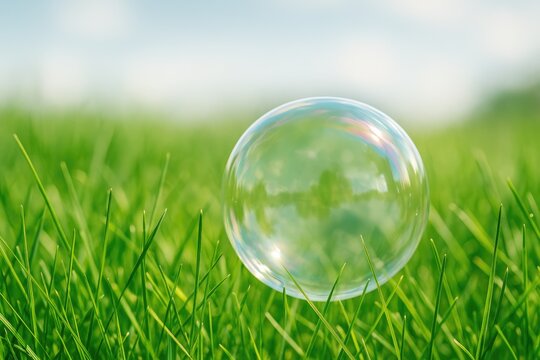 Vivid soap bubble resting on lush green grass