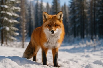 Snowy scene featuring a red fox looking directly at the camera