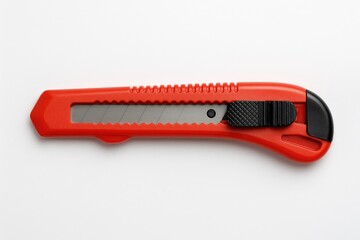 Sharp red cutting tool viewed from above on a white backdrop
