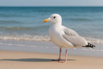 Fototapeta premium Seagull perched on the shoreline with its feet in the sand