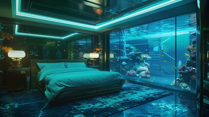 Luxury underwater hotel room, aquatic bedroom in aquarium