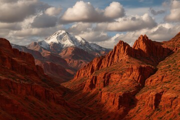 Fototapeta premium Ice-covered peak under a clear sky with crimson rocks
