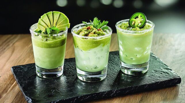 Premium avocado margarita flight with three unique variations featuring fresh garnishes served on black slate board at upscale Mexican restaurant