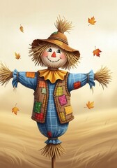 Naklejka premium Colorful smiling scarecrow with patchwork clothes in autumn wheat field